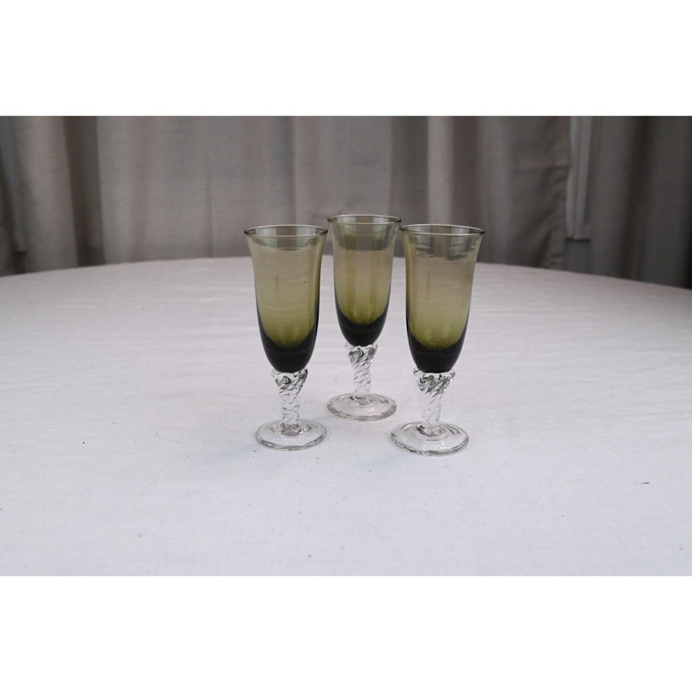 3 Coronation-Smoke SASAKI Footed Cordial Liqueur Glasses Clear Twisted Stem 5"
